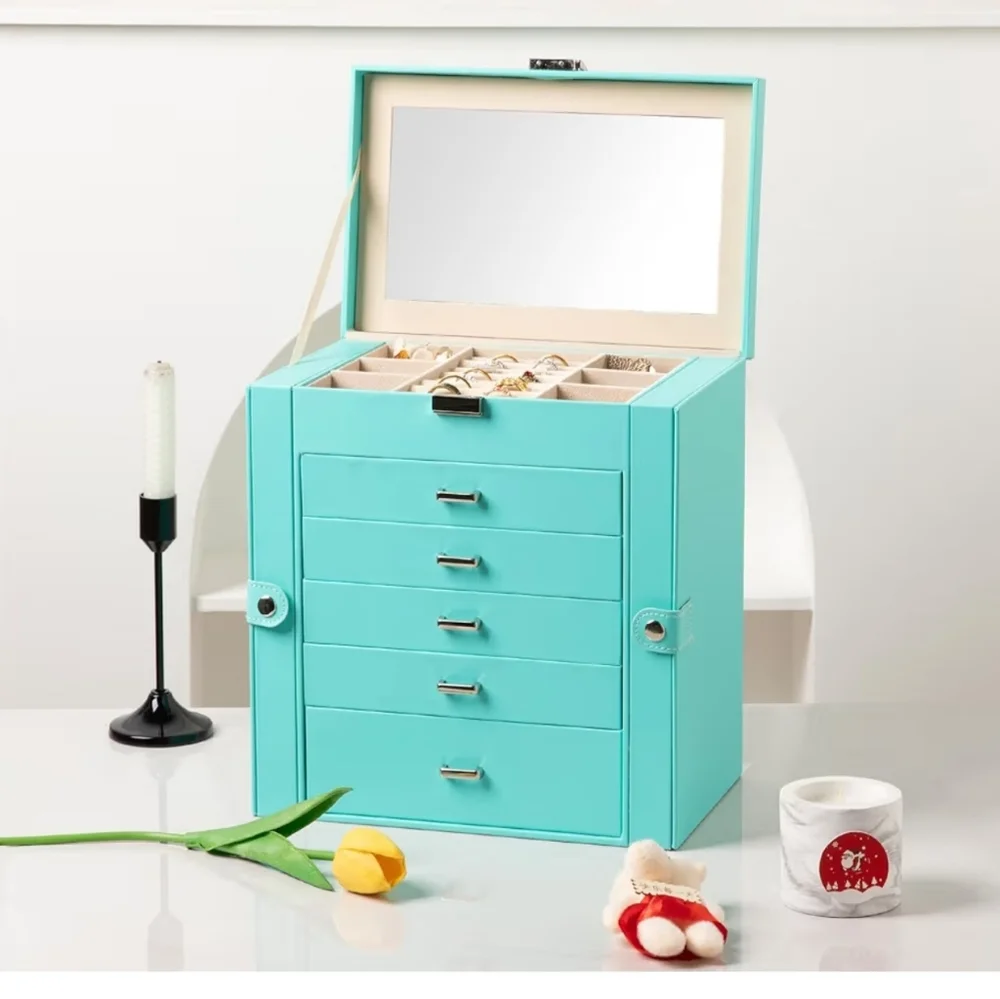 Large Jewelry Box 6-Tier PU Leather 5 Drawer Organizer Multifunctional Turquoise